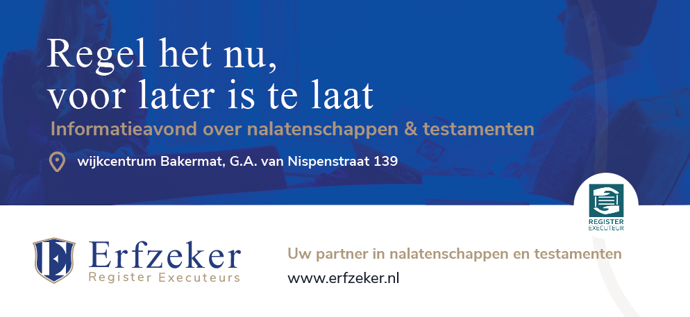 "Advertentie voor informatieavond over nalatenschappen en testamenten, georganiseerd door Erfzeker op 25 november om 19:00 uur.